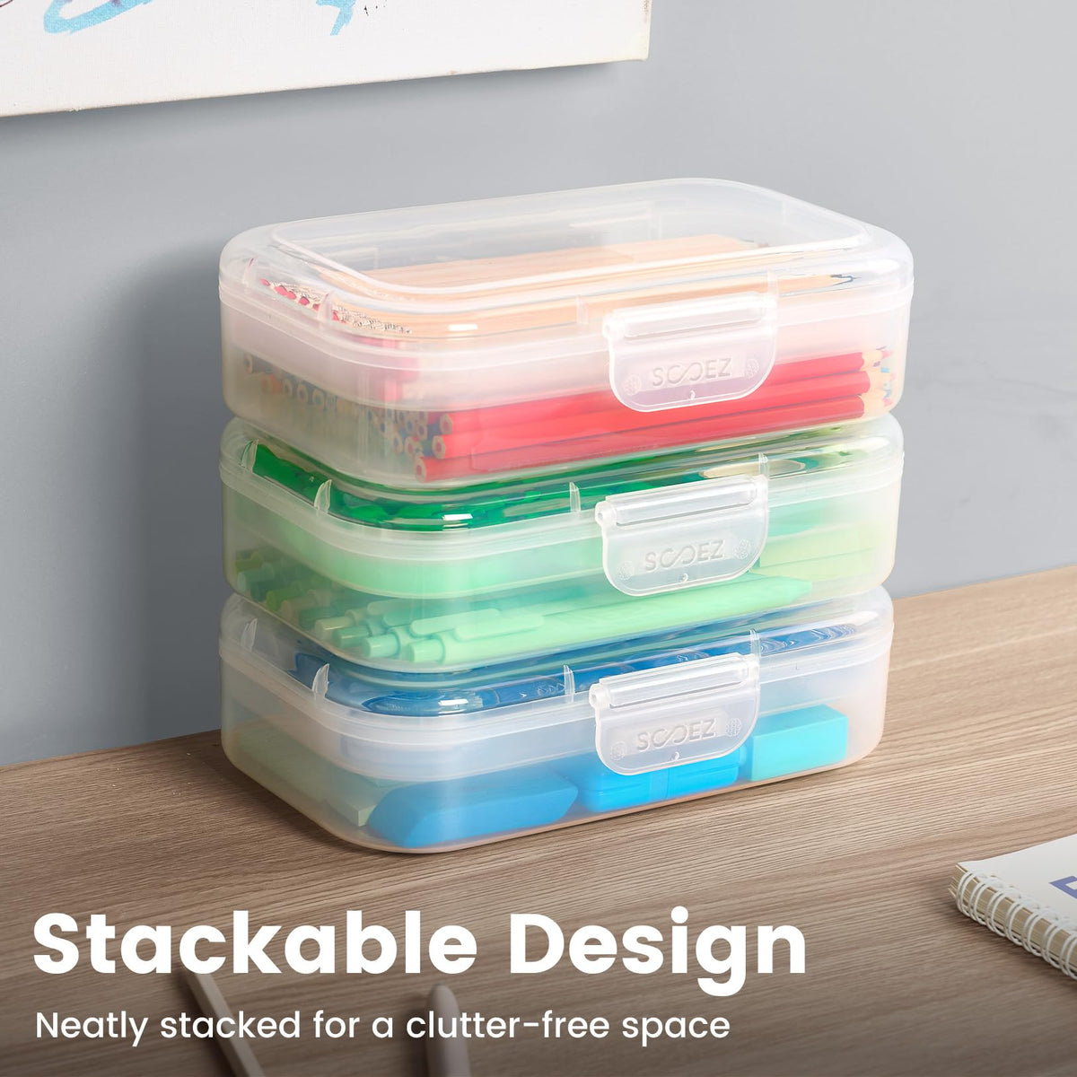 Sooez 6 Pack Pencil Box, Plastic Pencil Case Holder with Latch, Clear Crayon Box Marker Organizer