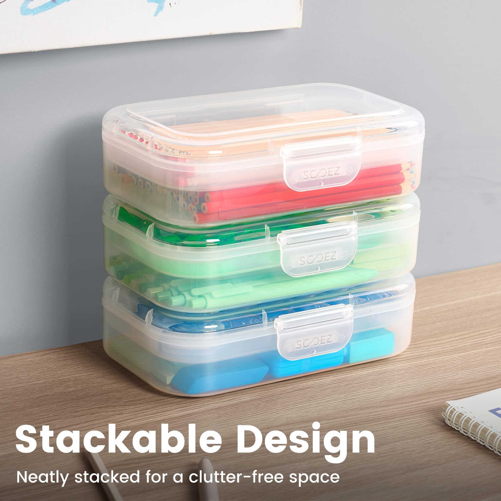 Sooez 6 Pack Pencil Box, Plastic Pencil Case Holder with Latch, Clear Crayon Box Marker Organizer
