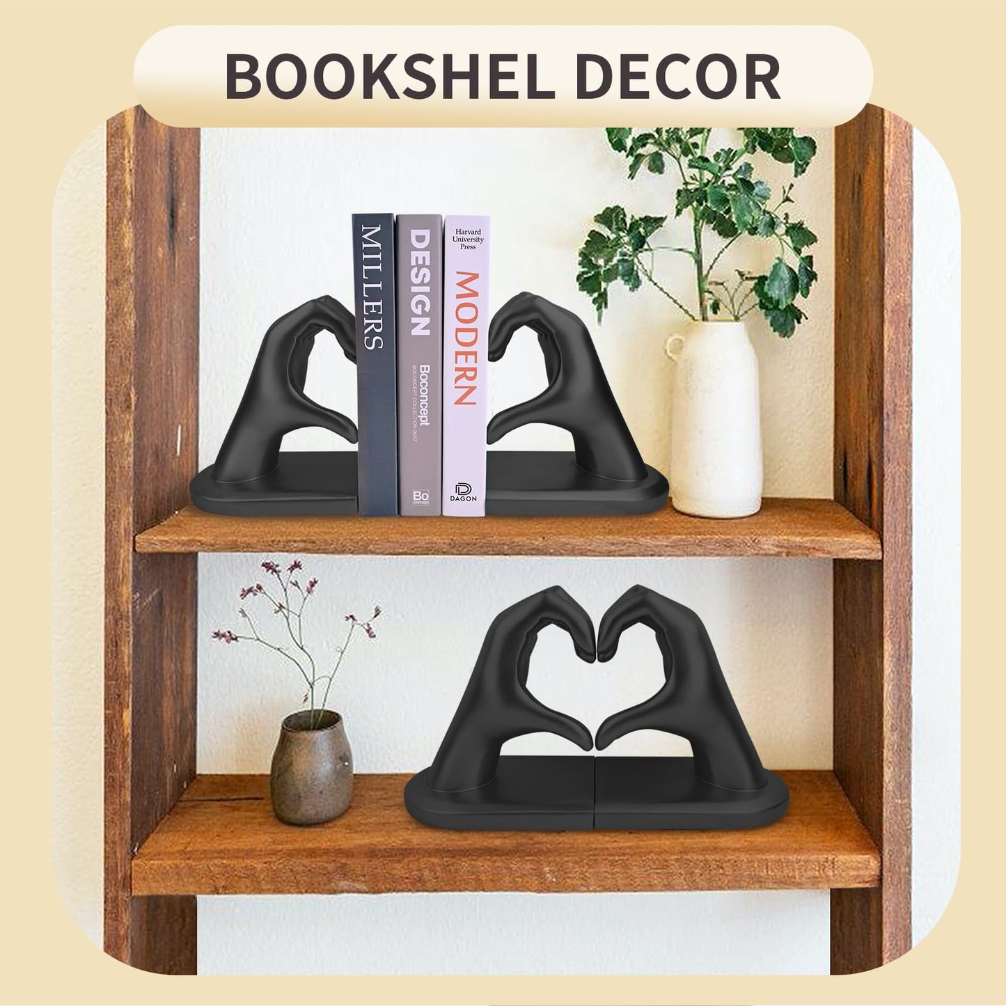 Black Decorative Bookends for Shelves, Heart Hands Book Ends Sculpture Aesthetic Decor for Bedroom