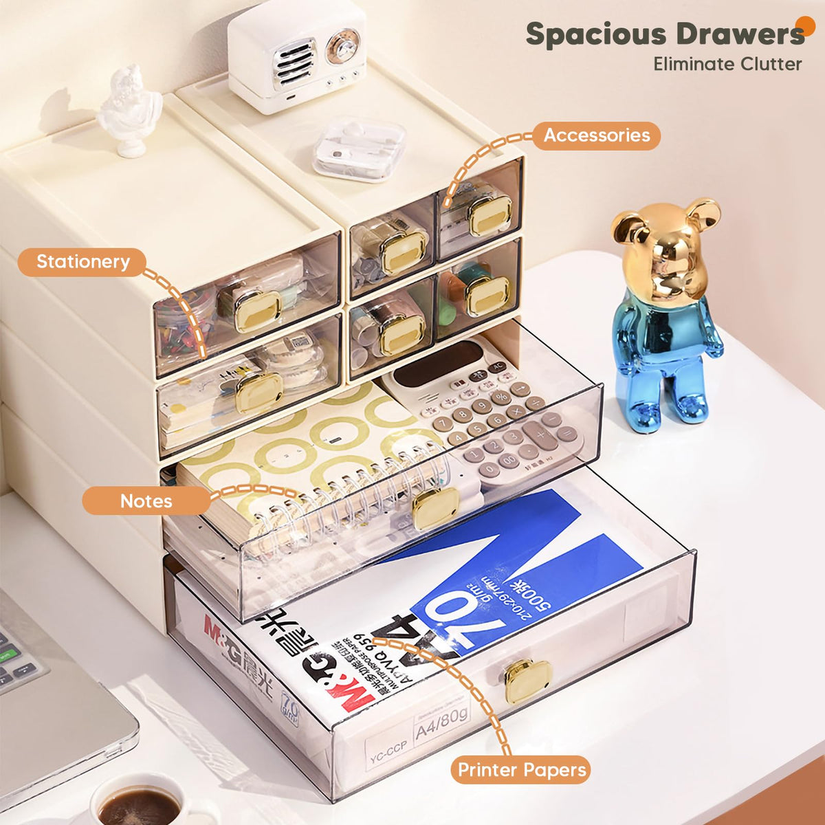 DETEIN Stackable Desk Organizer with Drawer 13'' Wide Large Desktop Storage Drawer Organizer Clear