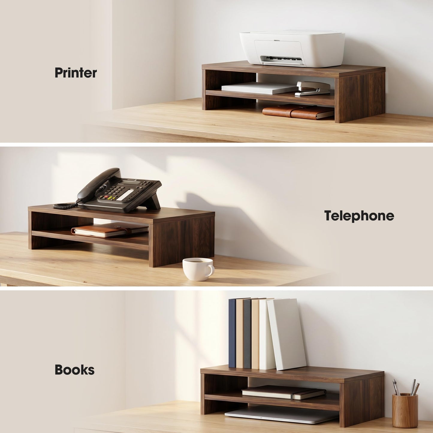 FITUEYES Wooden Monitor Stand Riser, 2-Tier Desk Storage Shelf, Brown