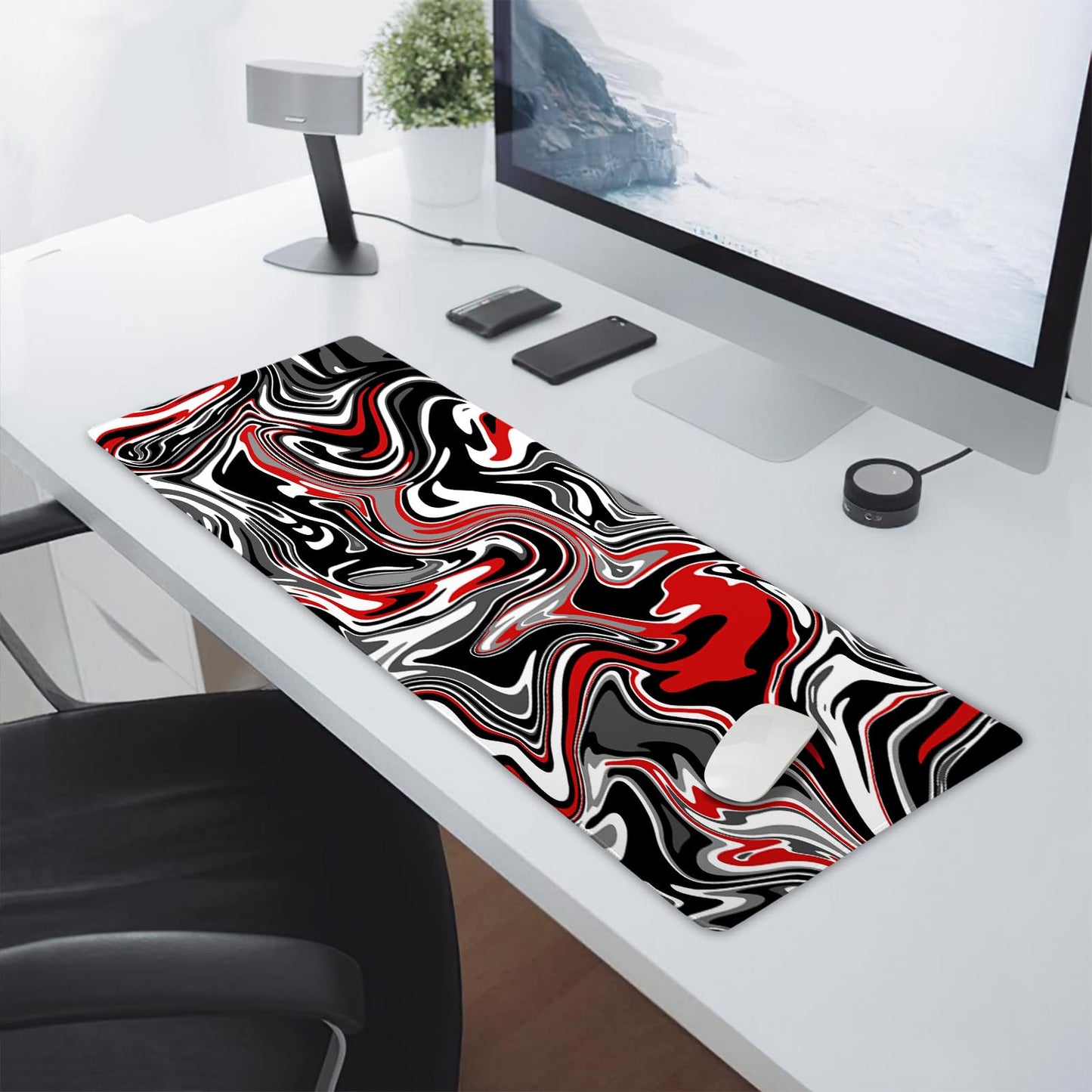 aportt Black Red Swirl Gaming Mouse Pad XL Gray Marble Grey Fluid Design Extended Large Mat