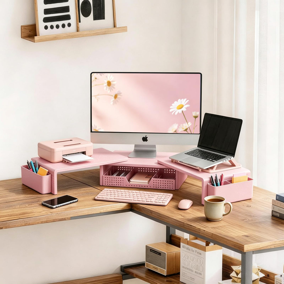 LEKETREE Dual Monitor Stand Riser with Drawer and 2 Pen Holders, Pink