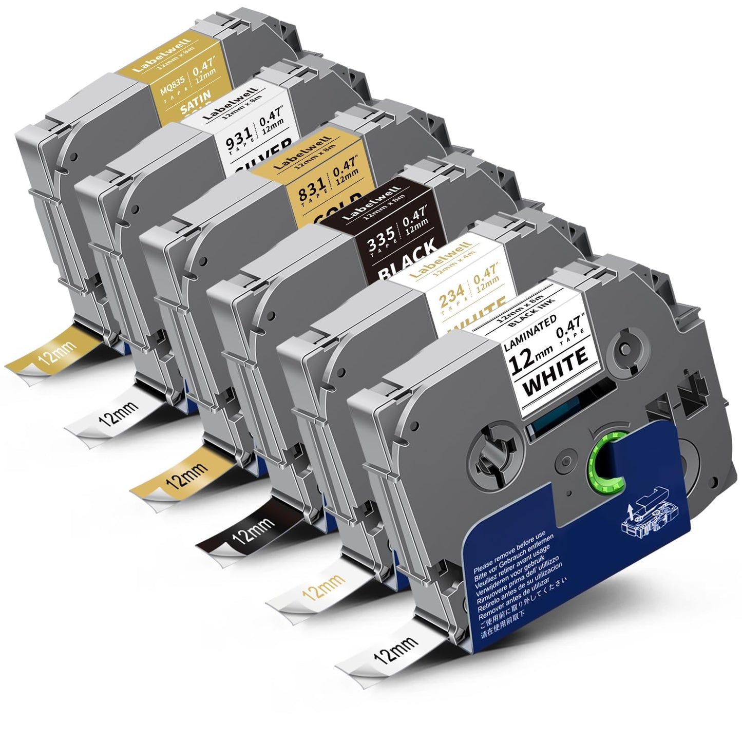 Labelwell 6-Pack Compatible TZe Label Tape 12mm 0.47 Inch Laminated Multi-Color TZ TZe-231 234 335