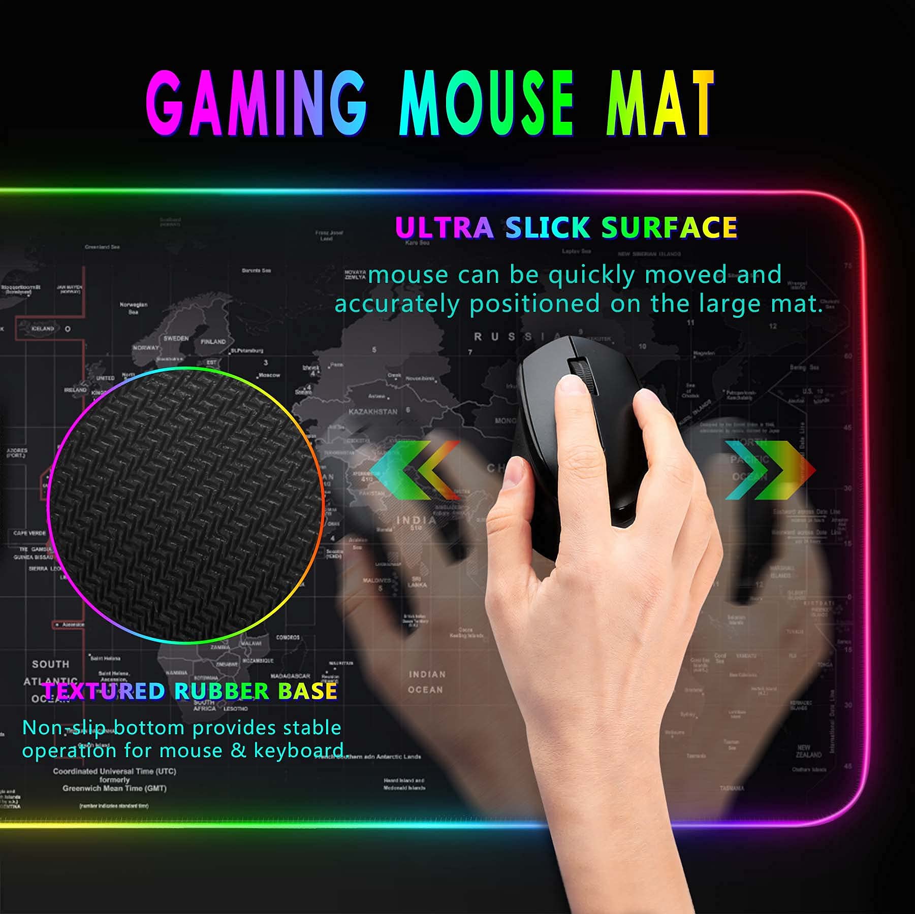 RGB Gaming Mouse Pad 31.5" x 12" – Large Extended LED Mouse Pad with 11 Lighting Modes, World Map