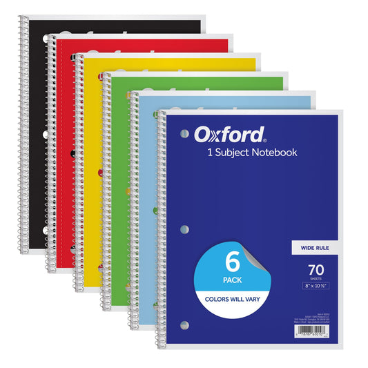 Oxford Spiral Notebook, 6 Pack, 1 Subject, Wide Ruled Paper, Notebooks for School, 8 x 10.5 Inches