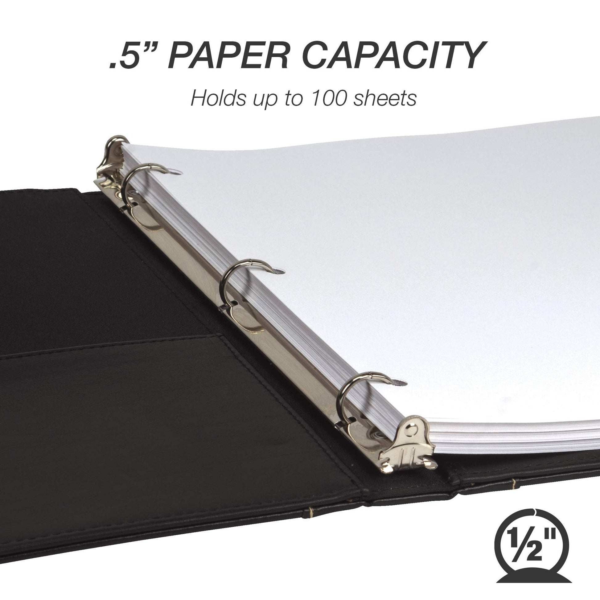 Samsill 0.5 Inch 3 Ring Binder, Leather, Black with Contrast Stitching, 8.5X 11 Inch, 3 Rings