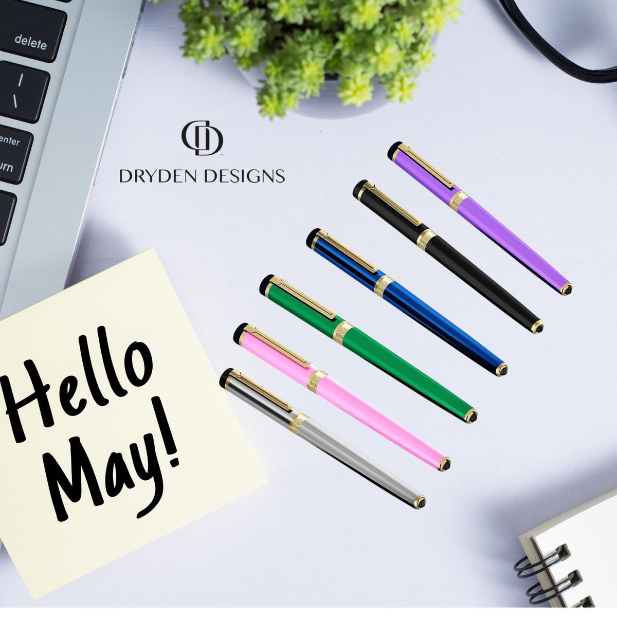 Dryden Designs Fountain Pen. Medium Nib Premium Box | 6 Ink Cartridges Included (Mysterious Blue)