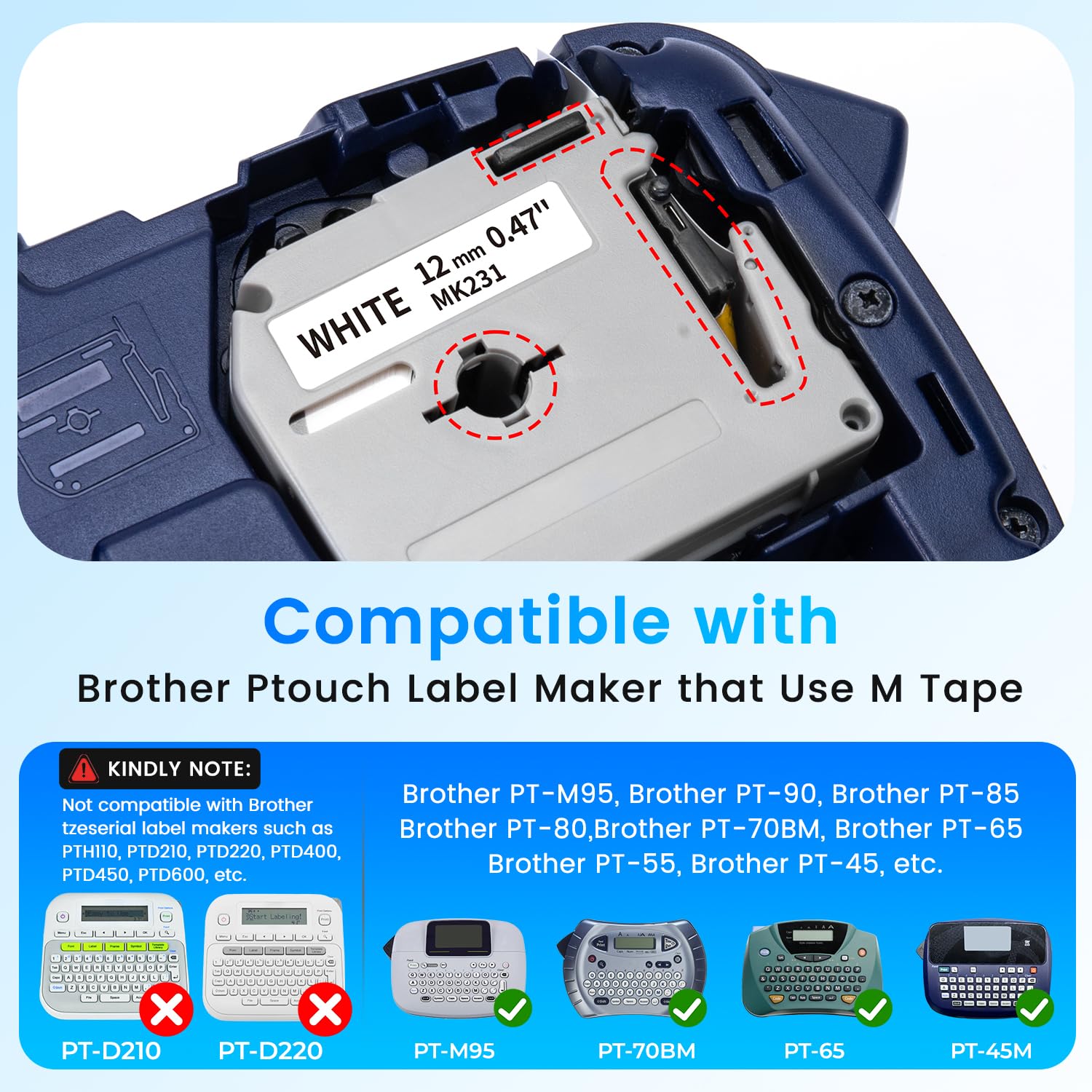 Labelife M-K231 MK231 Label Tape White Replace for Brother M Tape 12mm 0.47