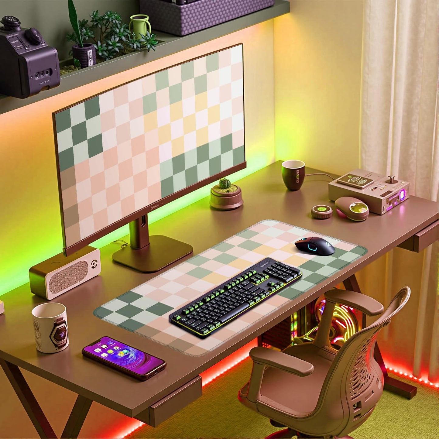Checkered Desk Mat Cute Pink Pastel XXL Large Mouse Pad Aesthetic Boho Desk Pad with Stitched