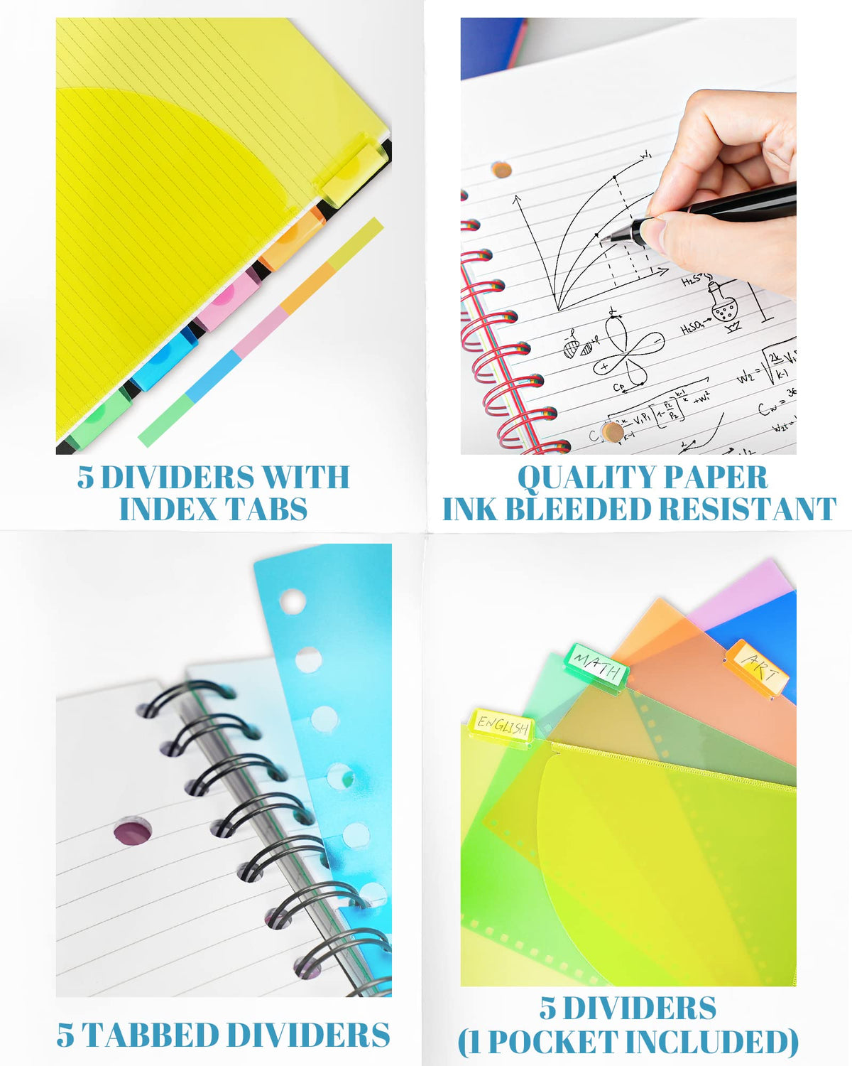 MOWEE Spiral Notebook - 5 Subject Notebook, College Ruled Notebook 3-Hole Punched With Dividers