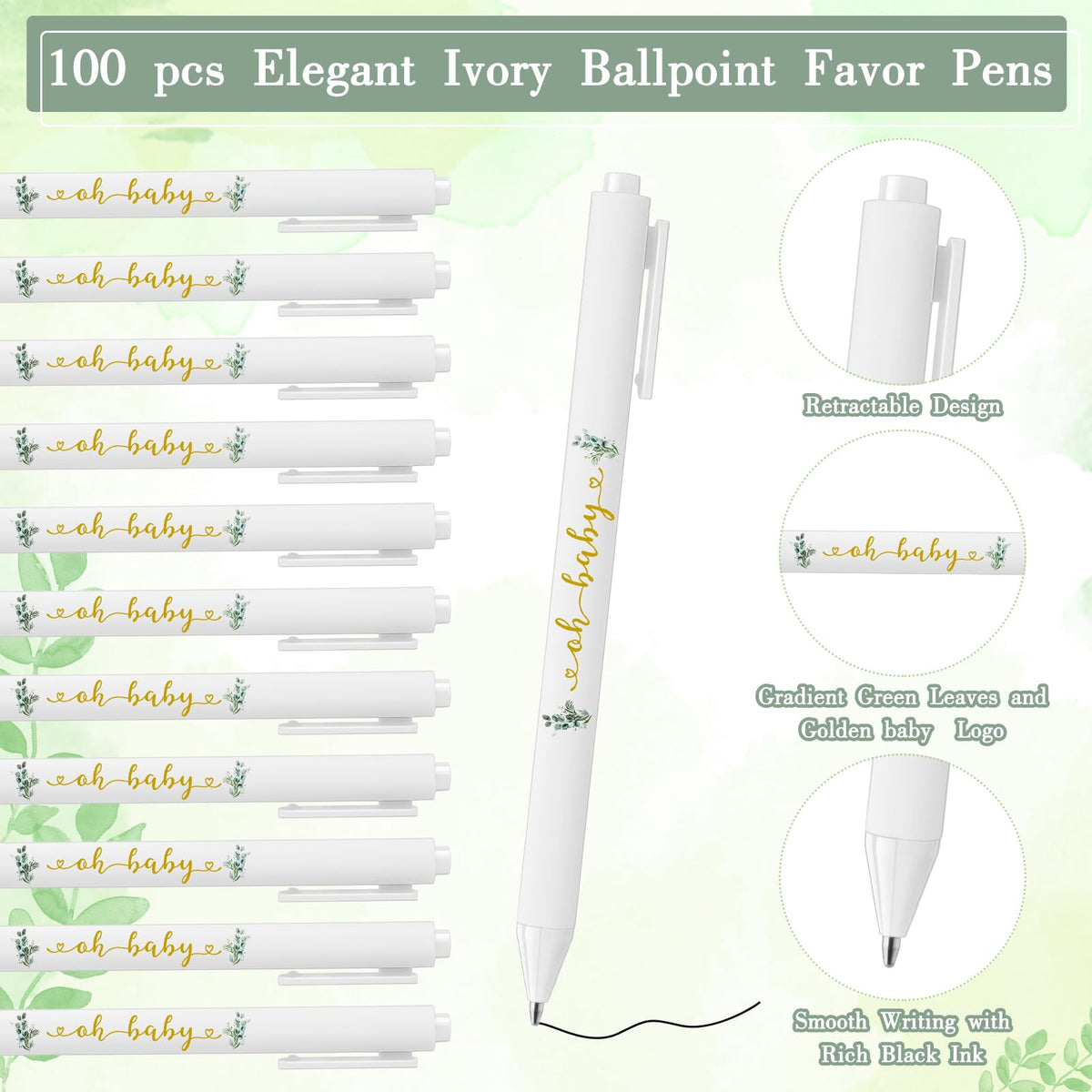 Tenceur 100 Set Baby Shower Pens Greenery Baby Shower Favor for Guest Sage Ballpoint Pens with