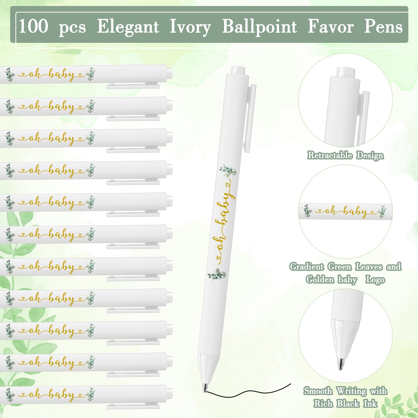 Tenceur 100 Set Baby Shower Pens Greenery Baby Shower Favor for Guest Sage Ballpoint Pens with