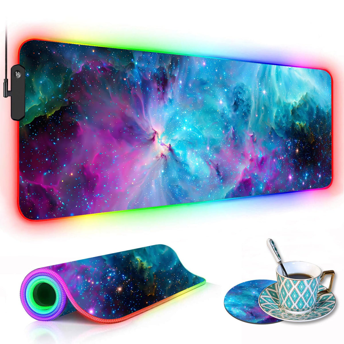 RGB Gaming Mouse Pad with Coffee Coaster, XXL Large Glowing LED Mousepad, Anti-Slip Rubber Base