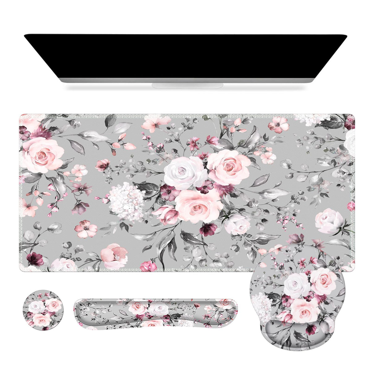 iCasso Desk Blotter for Workspace, Pink Floral 35.4"x15.7" Mousepad