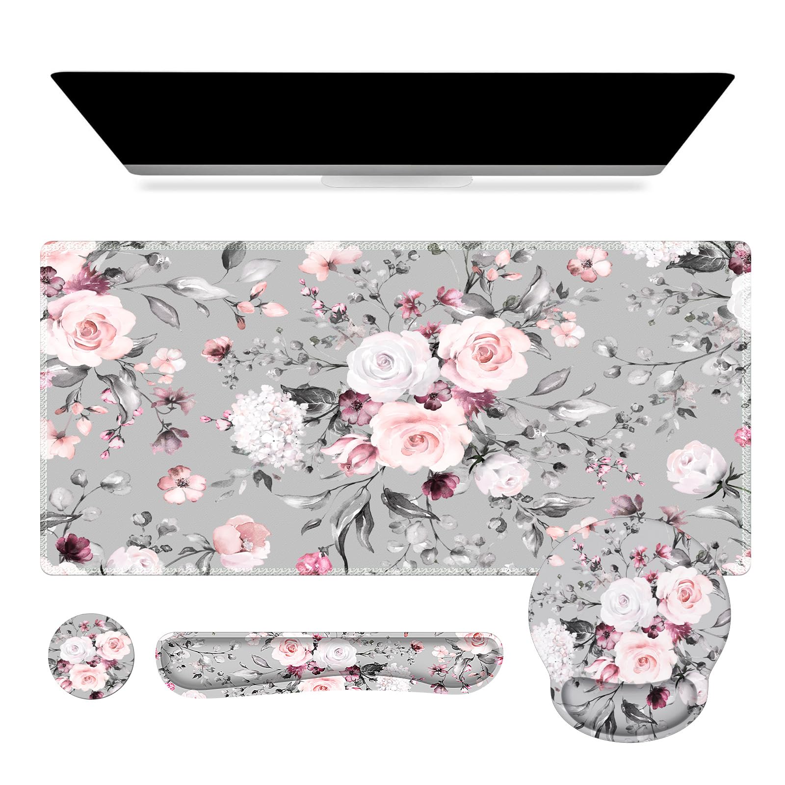 iCasso Desk Blotter for Workspace, Pink Floral 35.4"x15.7" Mousepad