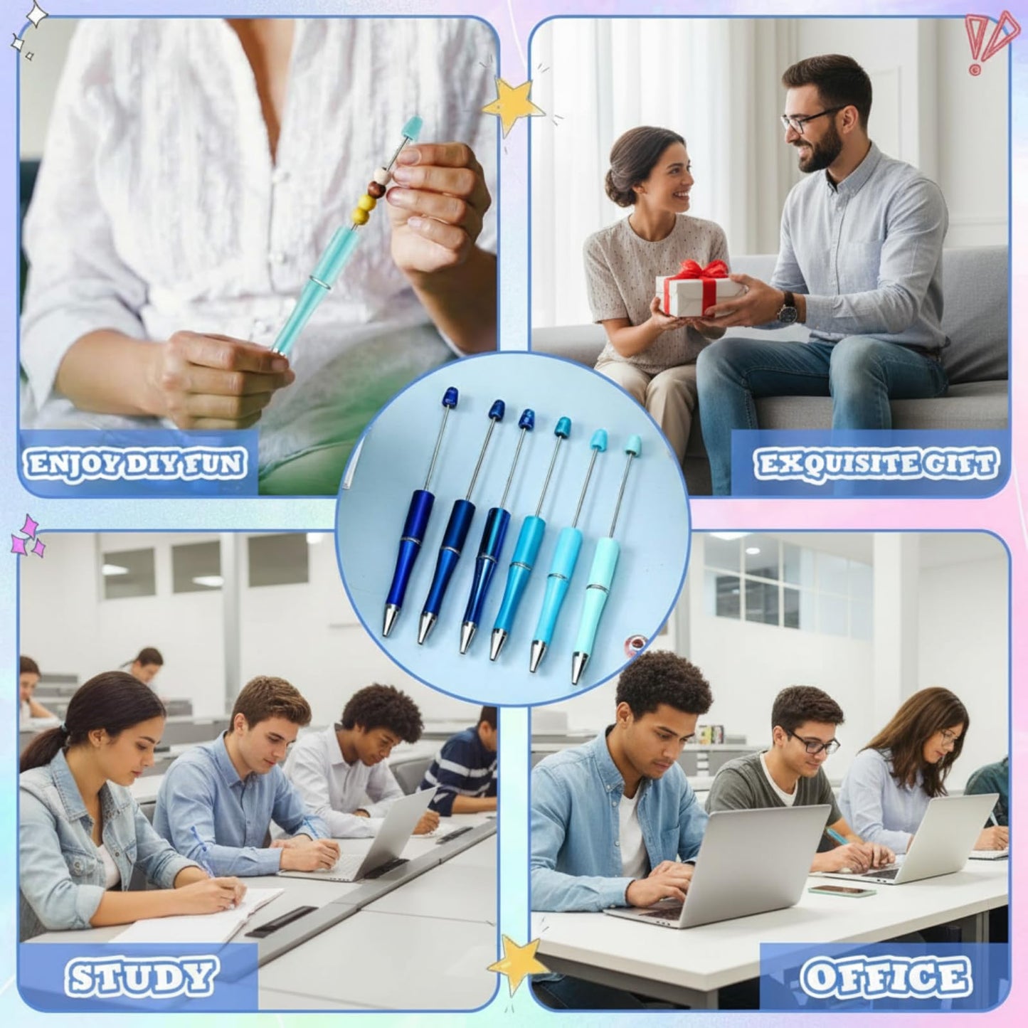 Kosiz 60 Pieces Beadable Pens Bulk Black Ink Pens,Blue Series,Simple