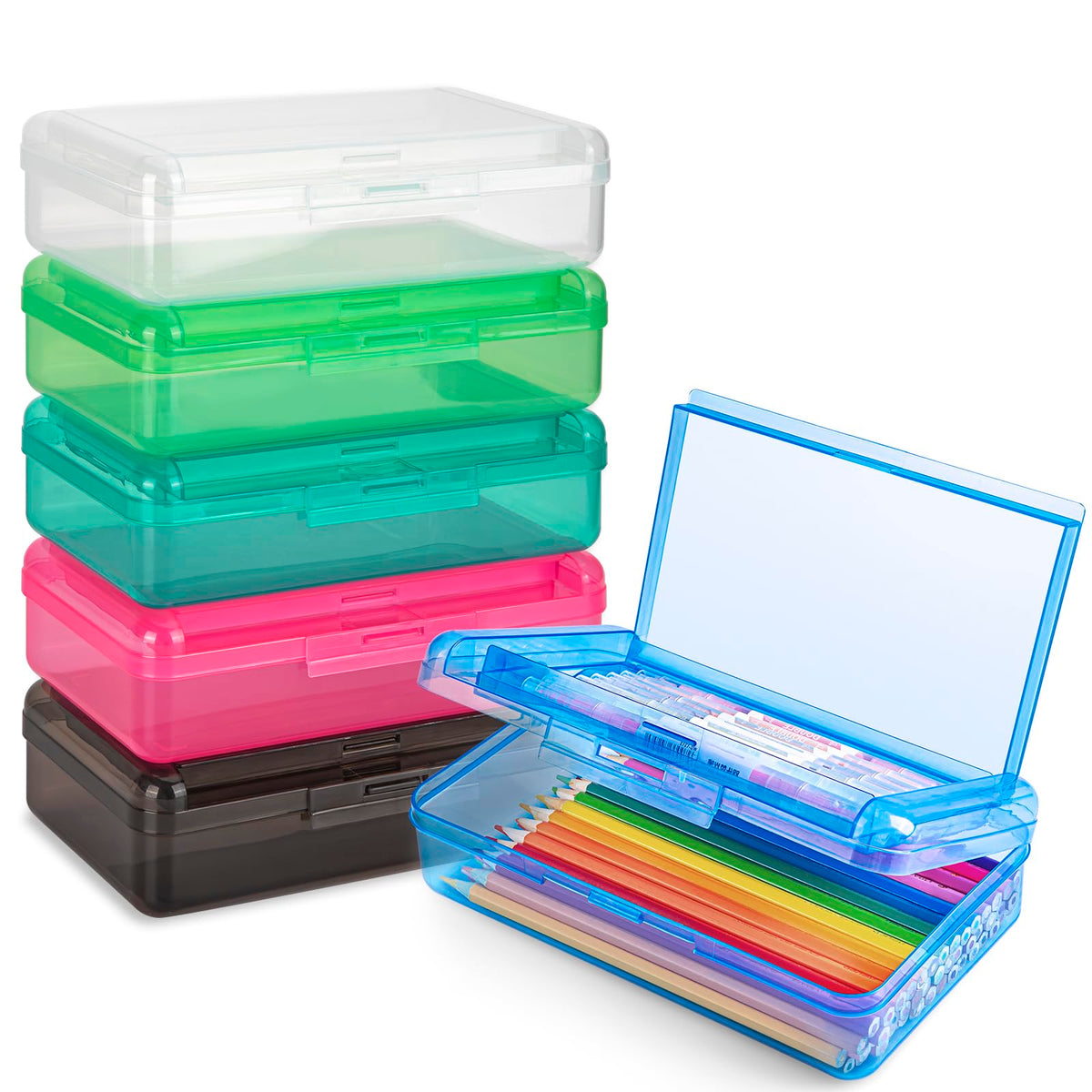 6 Pack Double Layer Plastic Hard Clear Color Pencil box Case for Girl Boy