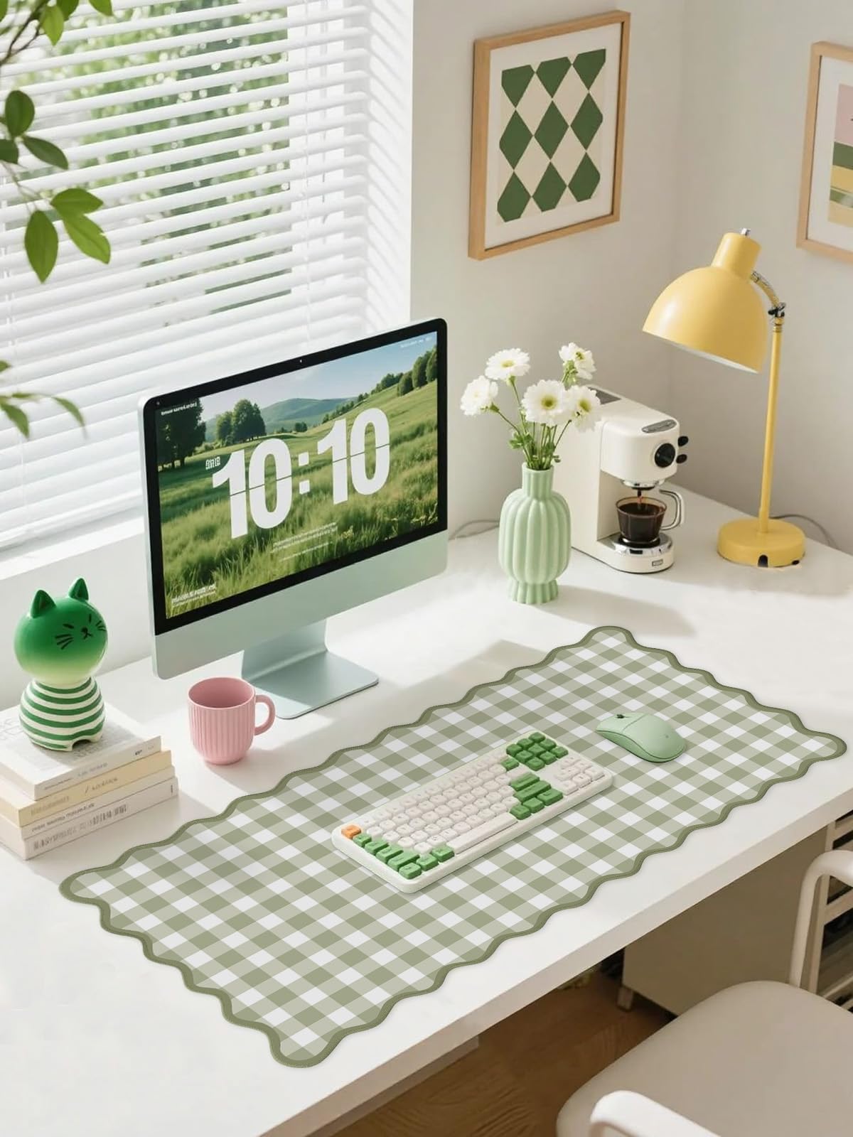 ohisxiacy Scalloped‌ Green Checkered Desk Mat Cute Pastel Large Gaming Mouse Pad Gingham Kawaii