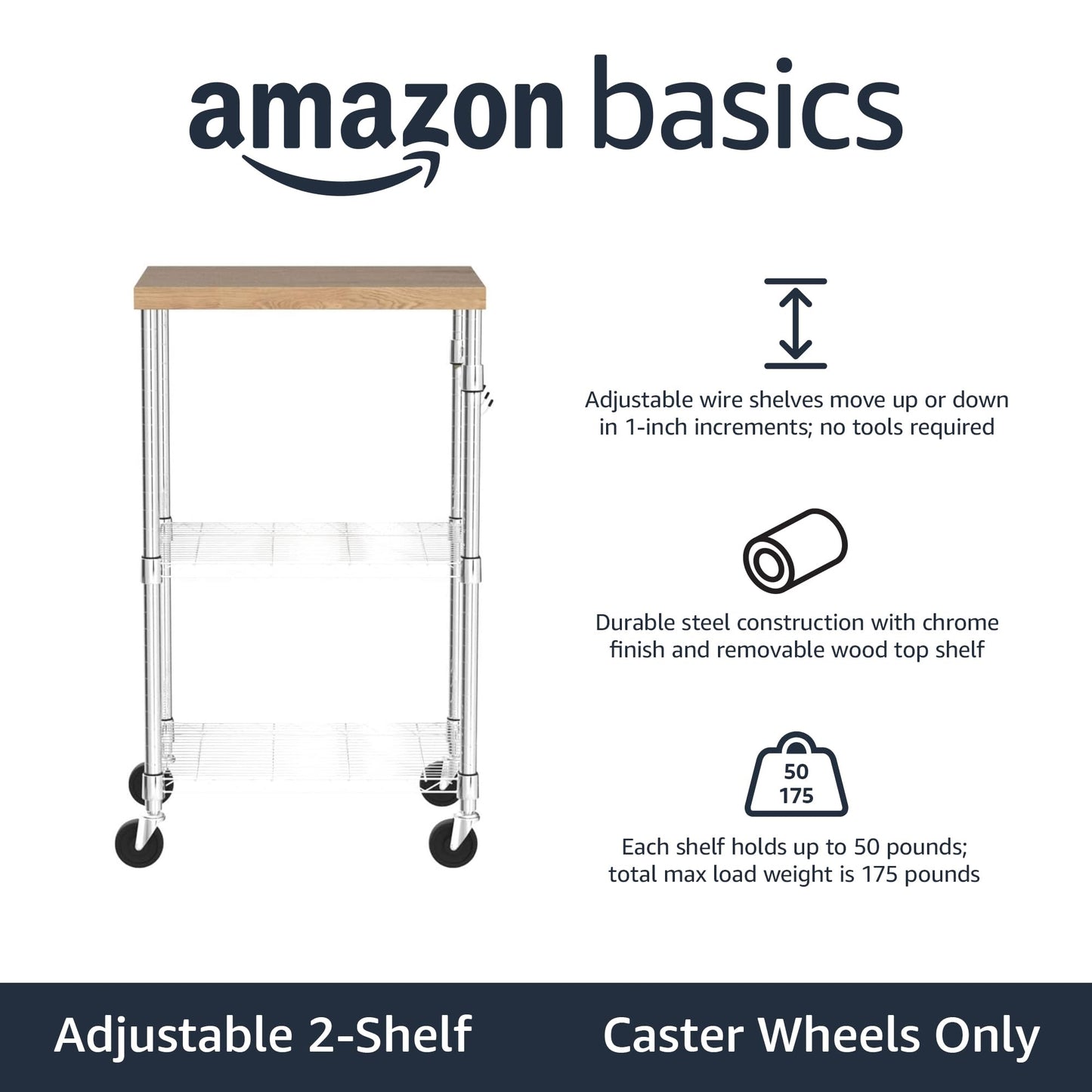 Amazon Basics Portable Kitchen 3-Tier Storage Rack on Caster Wheels with Adjustable 2 Shelves, 175