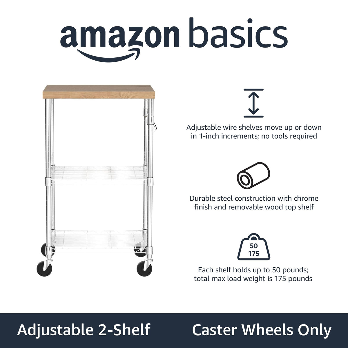 Amazon Basics Portable Kitchen 3-Tier Storage Rack on Caster Wheels with Adjustable 2 Shelves, 175