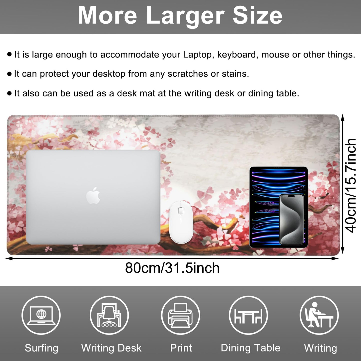 Mouse Pad, Large Blooming Sakura Desk Mat, Extended Non-Slip Gaming Keyboard Mousepad Desk Pad