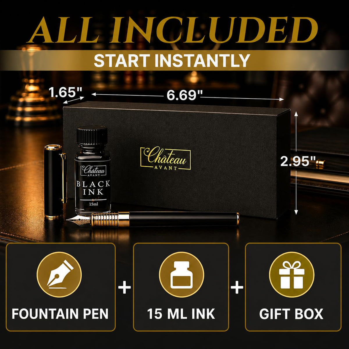 Château Avant Fountain Pen Set | Refillable Black Fountain Pen with Black Ink Bottle, Fine Nib, and