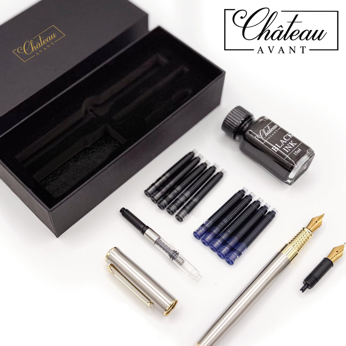 Chateau Avant Signature Calligraphy Fountain Pen Gift Set | Grey | Fine and Calligraphy Nibs, 10