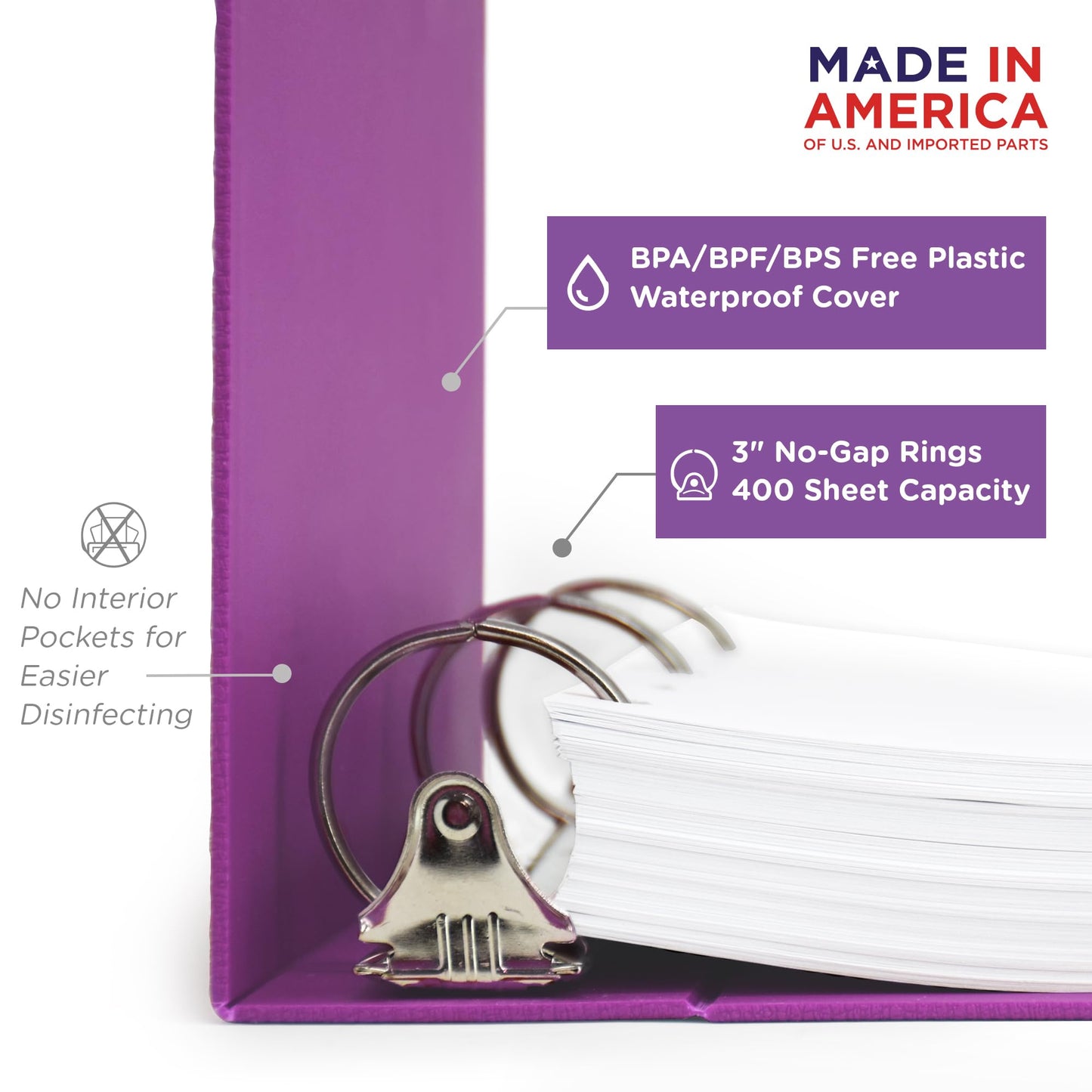 Carstens 3-Inch Heavy Duty 3-Ring Binder - Side Opening, Dewberry Purple, Durable Plastic