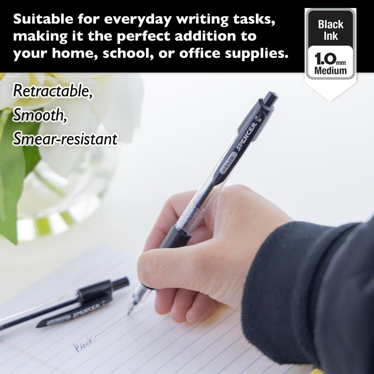 BAZIC PRODUCTS Spencer Black Ink Retractable Pens, 1.0 mm, 5Ct, 24-Box
