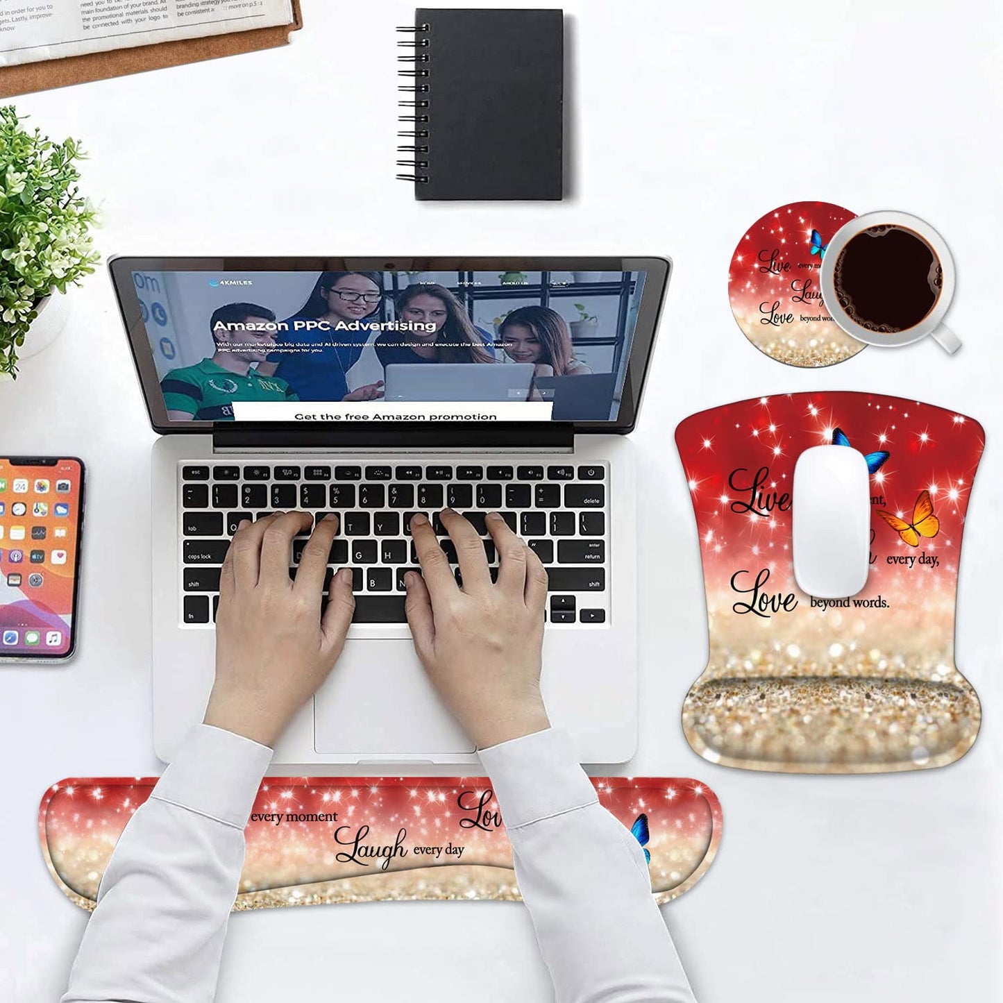 Keyboard Wrist Rest and Mouse Pad Wrist Support Set with Coasters, Non-Slip PU Base Ergonomic