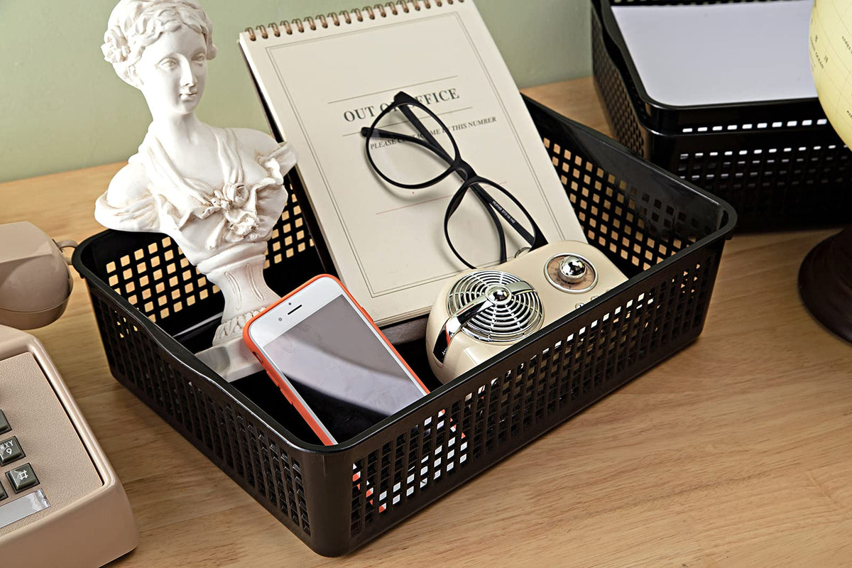 Eslite A4 Size Plastic Storage Basket,Desktop File Paper Letter Organizer Tray, 6-Packs (Black)