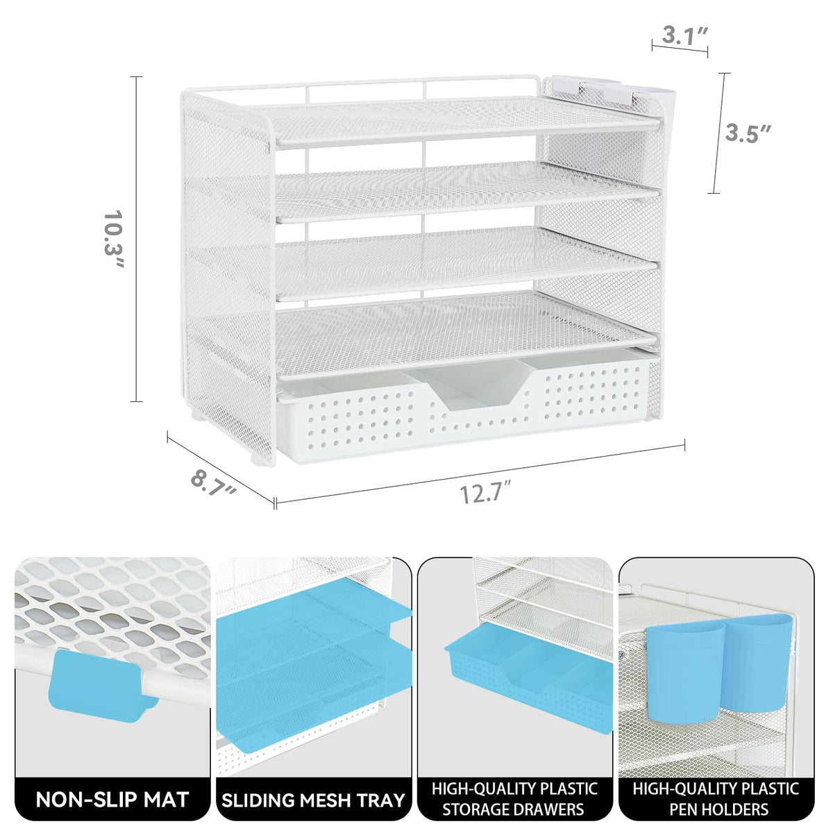 LEKETREE Desk Organizer and Accessories, 5-Tier Paper Letter Tray Organizer with Drawer & 2 Pen