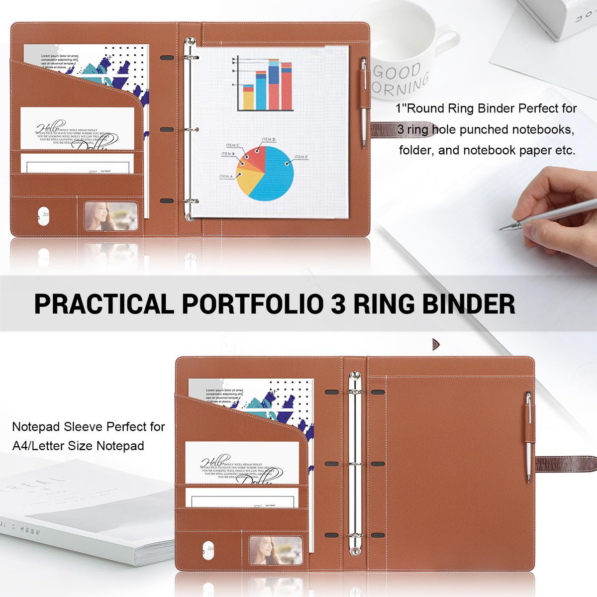 Toplive Padfolio 3 Ring Binder Organizer Business Portfolio Folder, A4/ Letter Size PU Leather