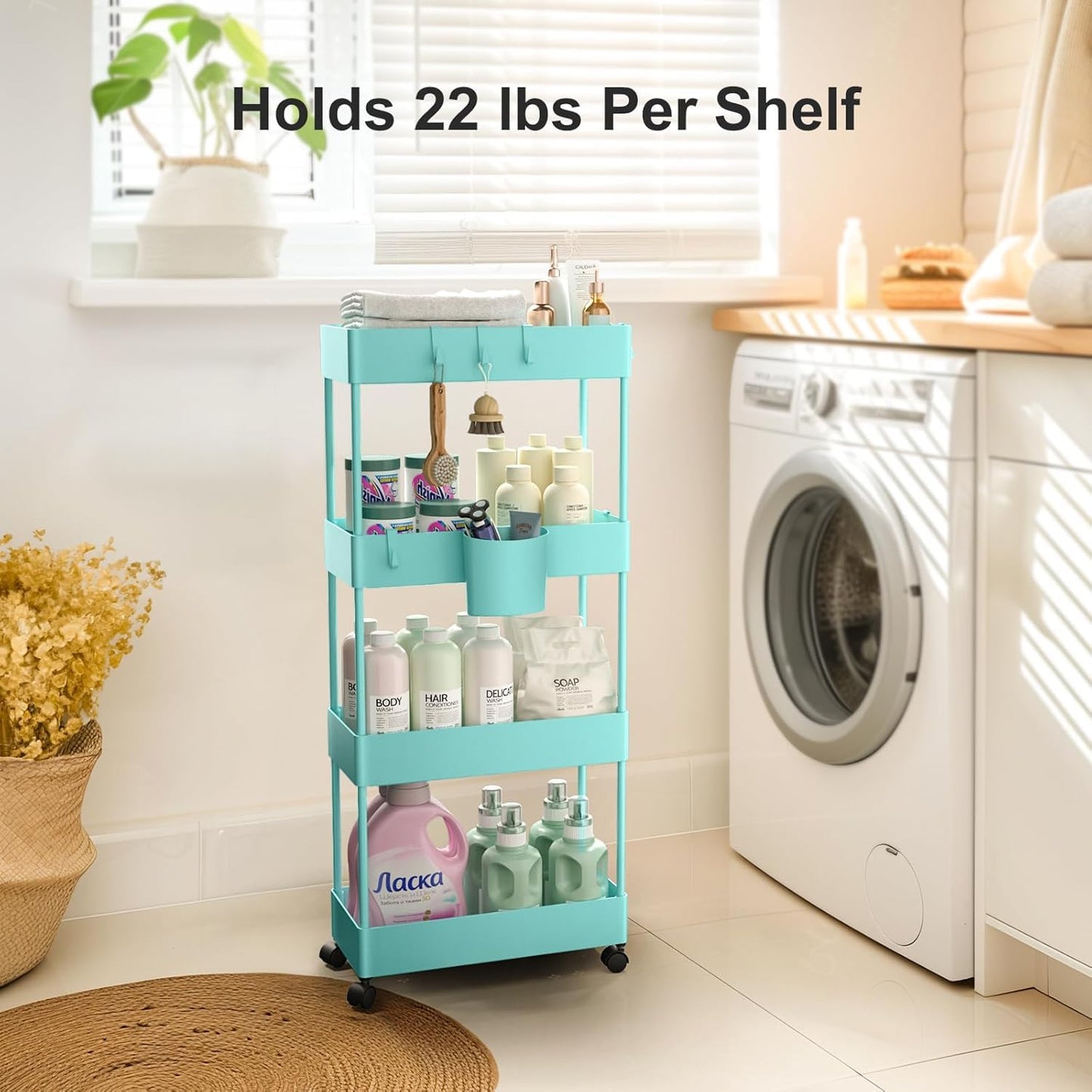 Pipishell 4 Tier Slim Storage Cart with Wheels, Laundry Cart, Turquoise
