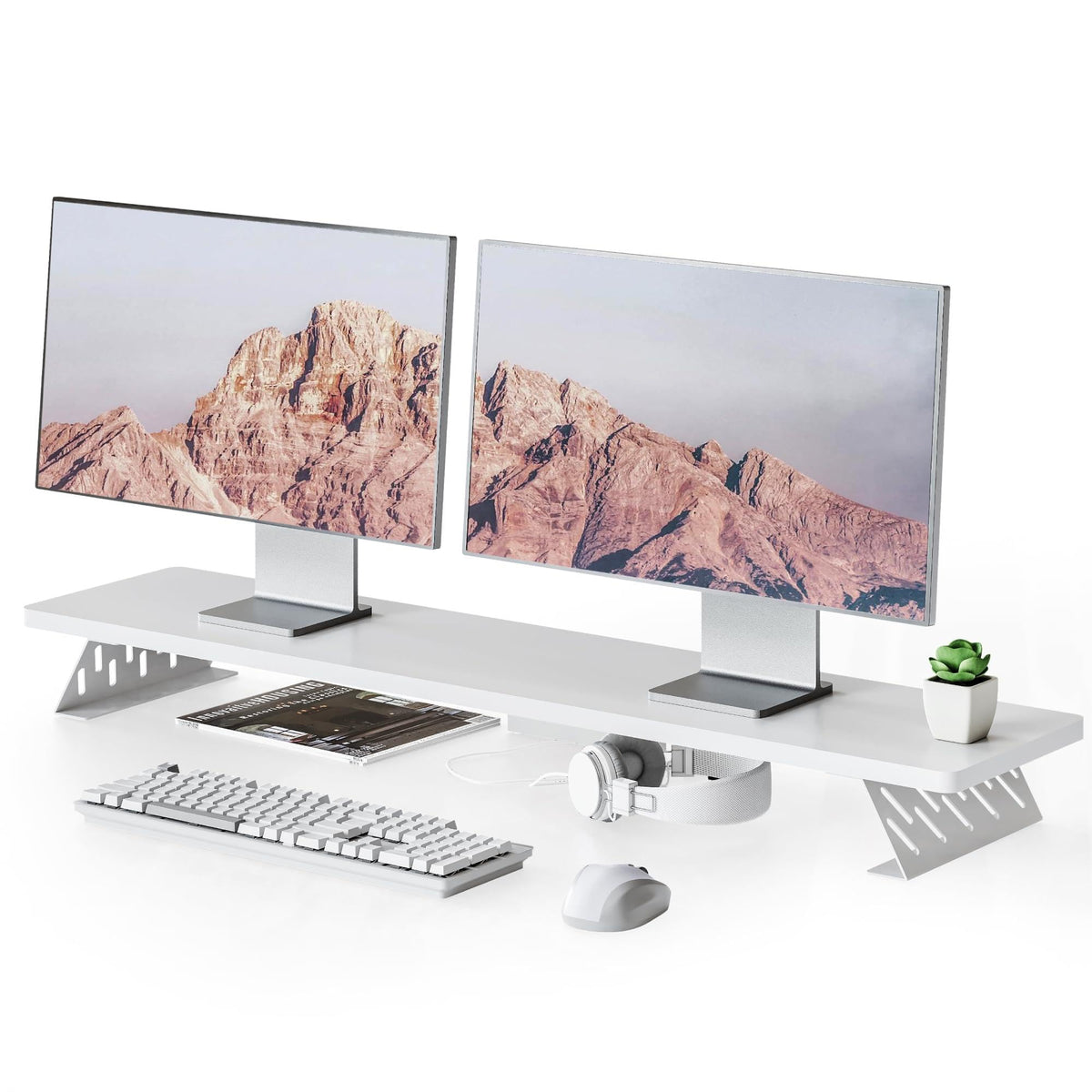 Fenge Monitor Stand Riser, Wooden & Metal Desk Shelf Organizer, White