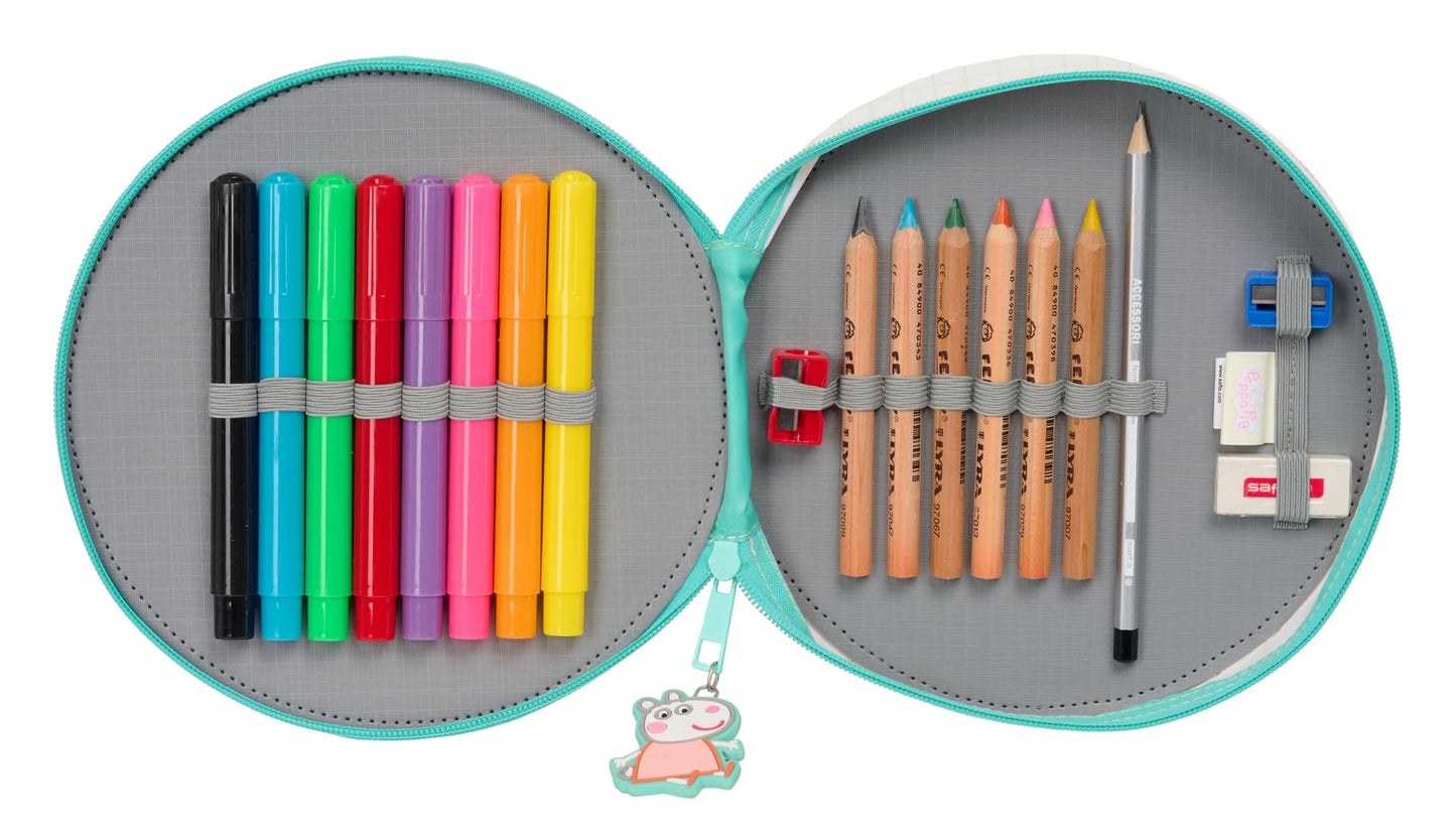 PEPPA PIG PRETTY Flowers Round Pencil Case, 18 Pieces, Easy Cleaning, Pencil Case for Children