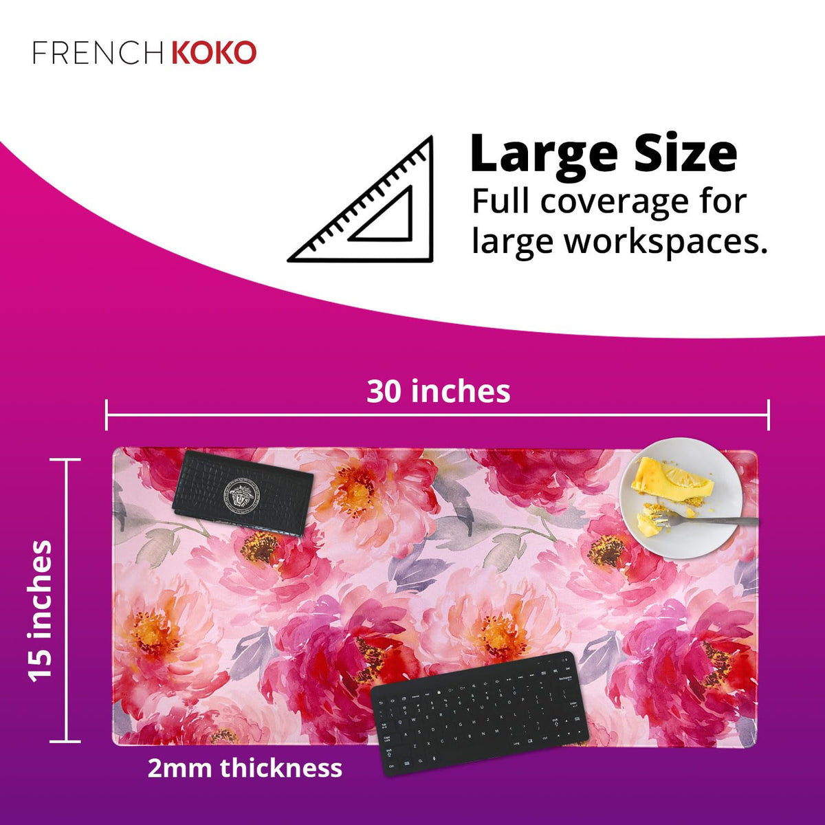 French KOKO Large Mouse Pad Desk Mat 15" x 30" – Extended Floral Desk Protector for Keyboard &