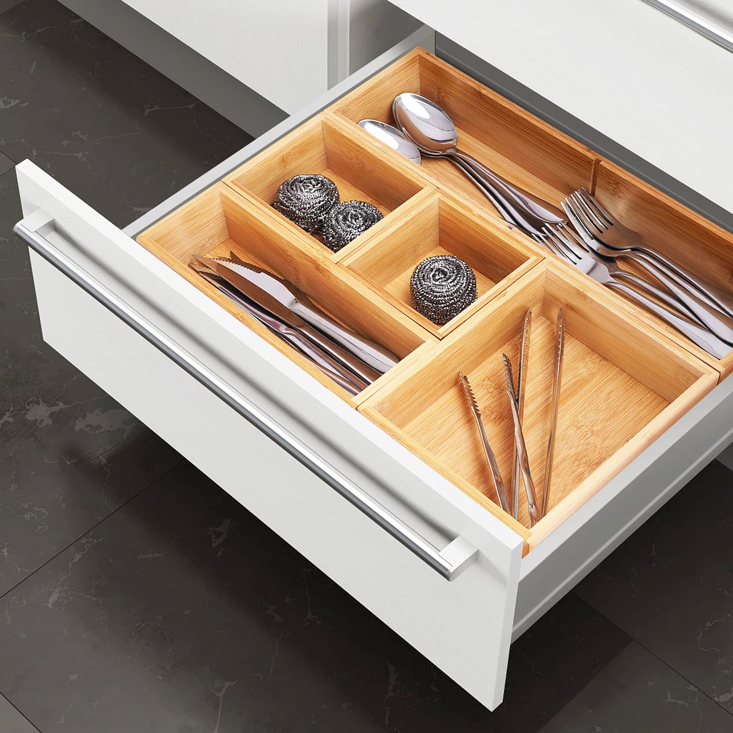 Fabsome Bathroom Drawer Organizer, Bamboo Box Bin for Junk Vanity Desk Makeup Drawer, Small Wooden