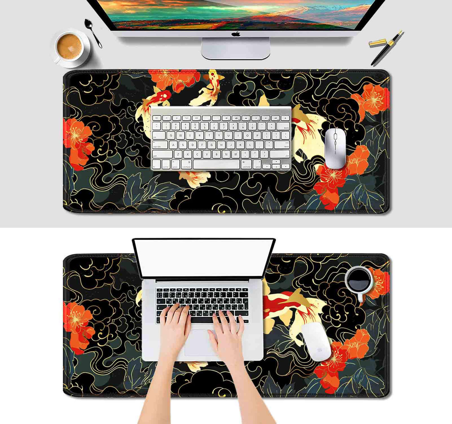 IMAYONDIA Japanese Koi Desk Mat (35.4x15.7 in), Extended Large Gaming Mouse Pad, Long Desk Pad with