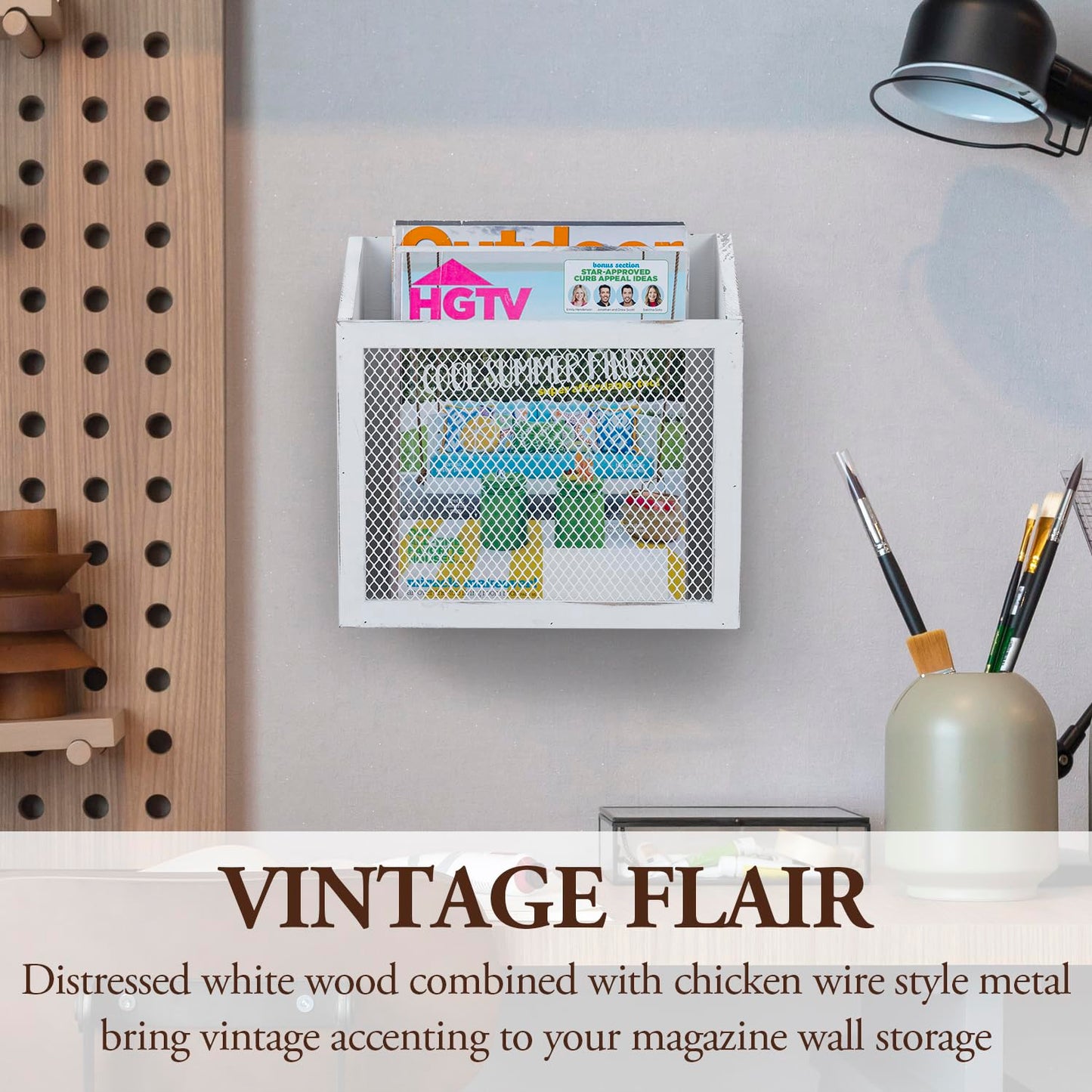 MyGift White Wood Magazine Holder, Chicken Wire Wall Mounted Mail Sorter