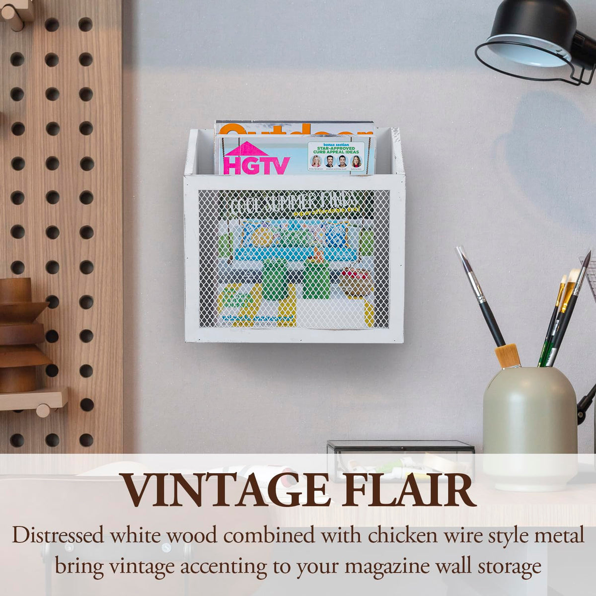 MyGift White Wood Magazine Holder, Chicken Wire Wall Mounted Mail Sorter