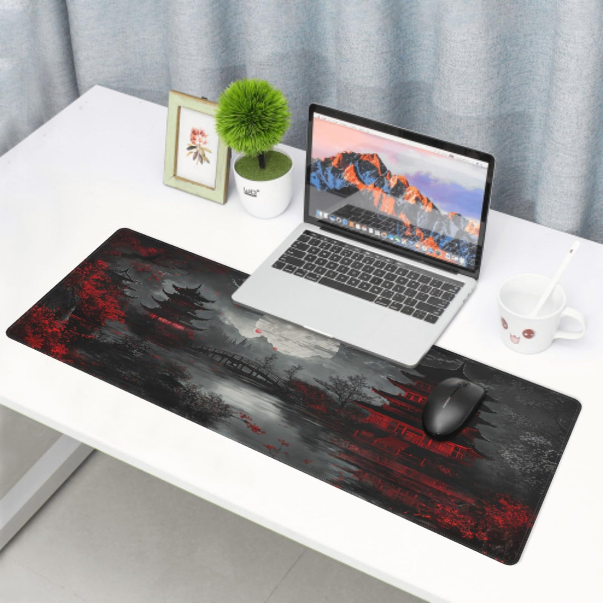 Japanese Mouse Pad XXL 31.5 X 11.8 Inch Black Red Design Style Extended Large Gaming Mousepad