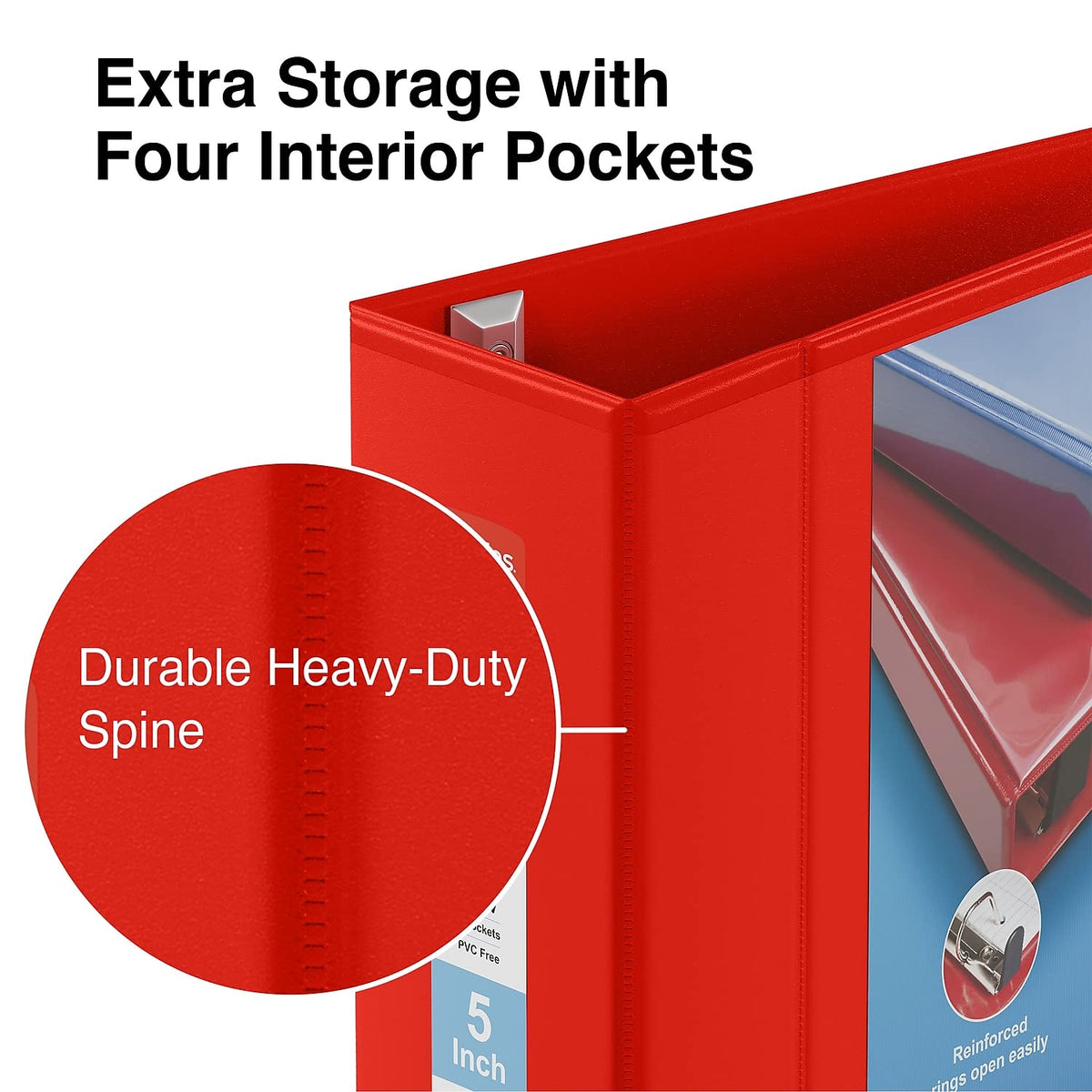 Staples Heavy-Duty 5 Inch 3-Ring View Binders with D-Rings, Red, Four Interior Pockets, Extra-Large