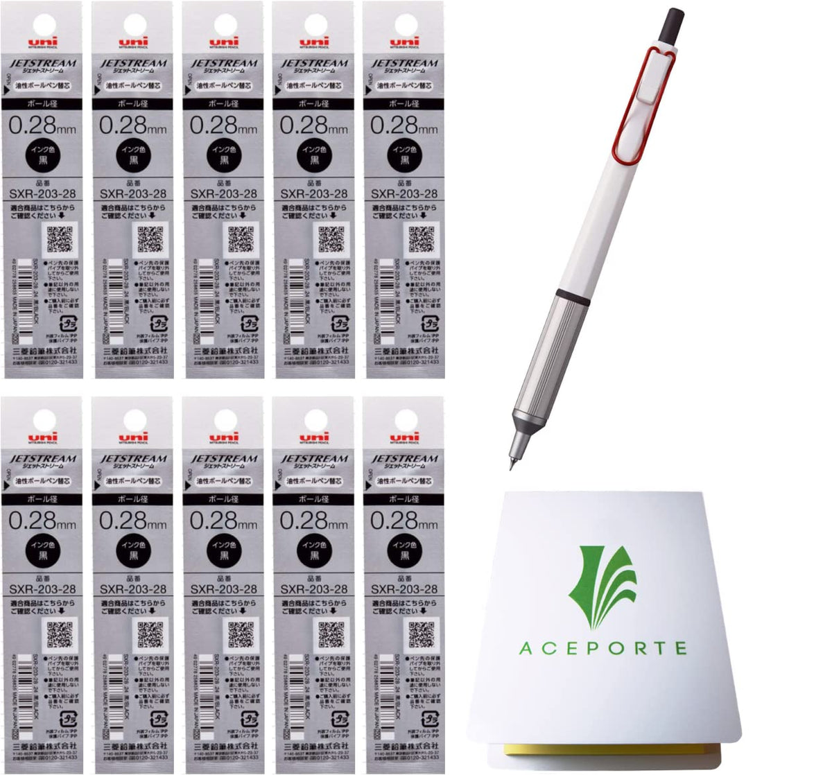ACEPORTE Uni Jetstream EDGE 0.28mm Oil-based Ballpoint Pen White Red Body + 10 Black Refills