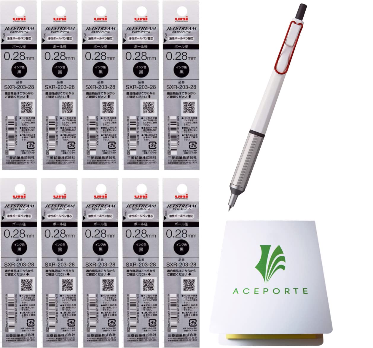 ACEPORTE Uni Jetstream EDGE 0.28mm Oil-based Ballpoint Pen White Red Body + 10 Black Refills