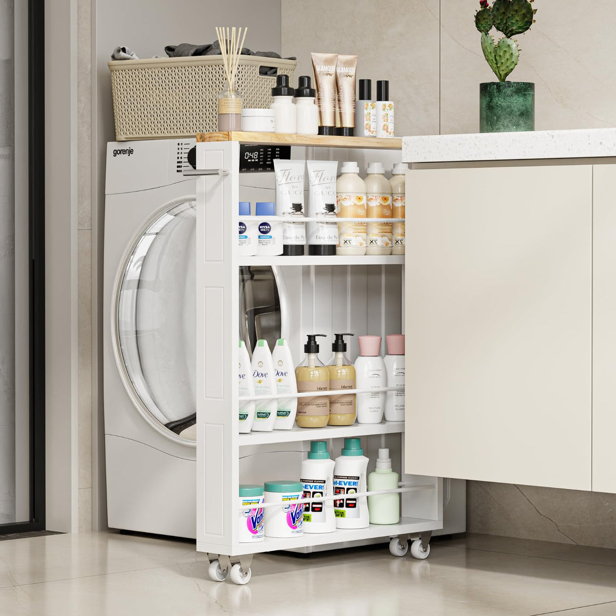 KLM 4 Tier White Slim Storage Cart with Handle, Slide Out Storage Rolling Utility Cart for Kitchen