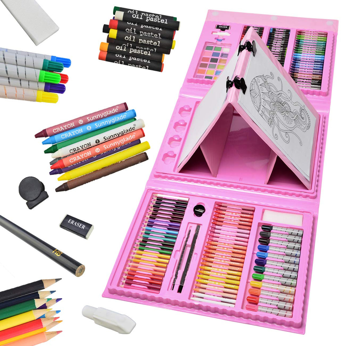 Sunnyglade 185 Pieces Double Sided Trifold Easel Art Set Art Supplies Pink