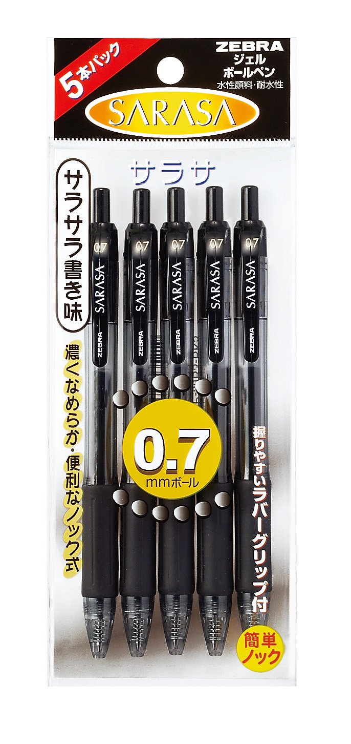 ZEBRA P-JJB3-BK5 Gel Ballpoint Pen, Sarasa, 0.7, Black, 5 Pens