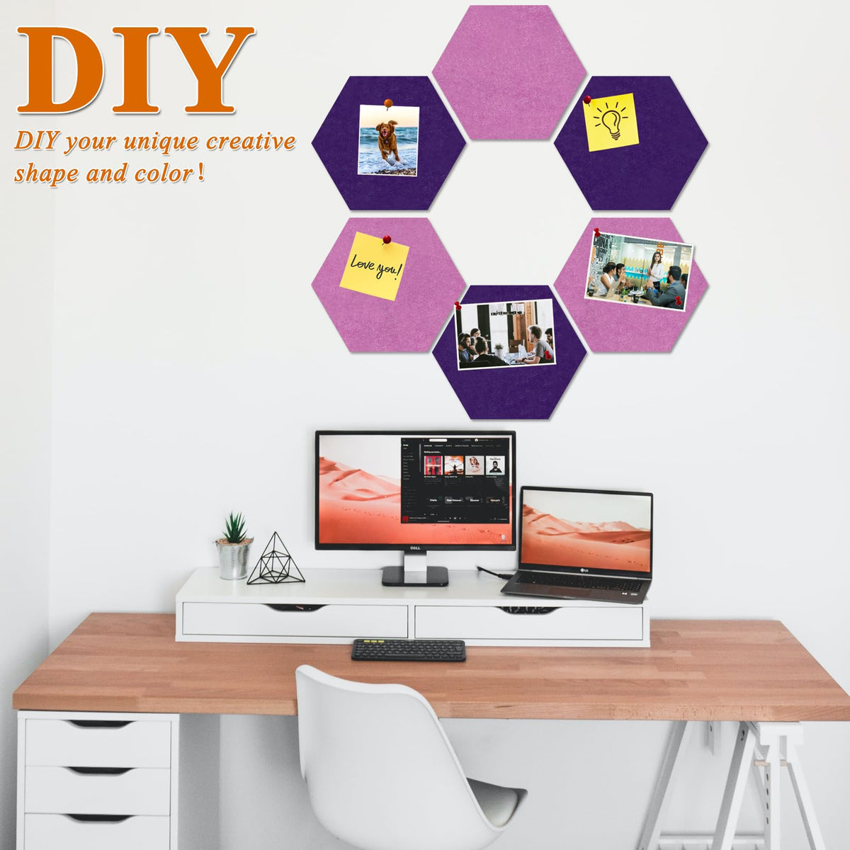 HULAVO Large Hexagon Felt Cork Board Tiles, Self Adhesive DIY Felt Bulletin Board Pin Board with 35